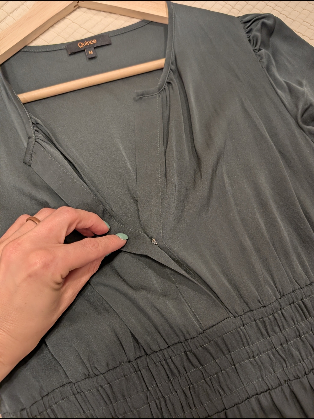 Quince Slate Green V-Neck Smocked Waist Midi Dress